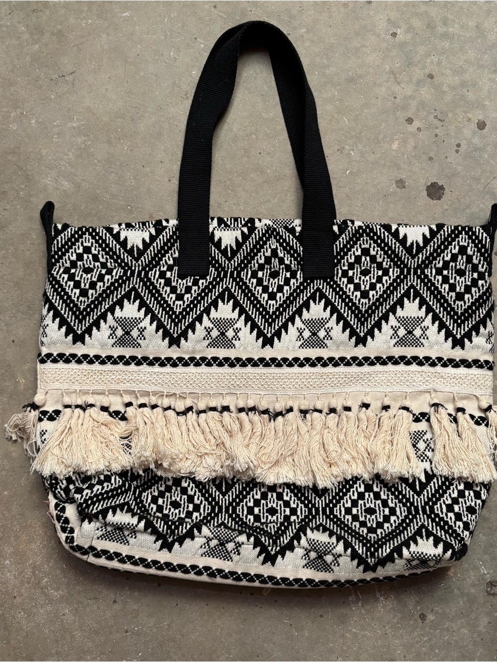 Cynthia Rowley Black & Cream Woven Fringe Boho Tote